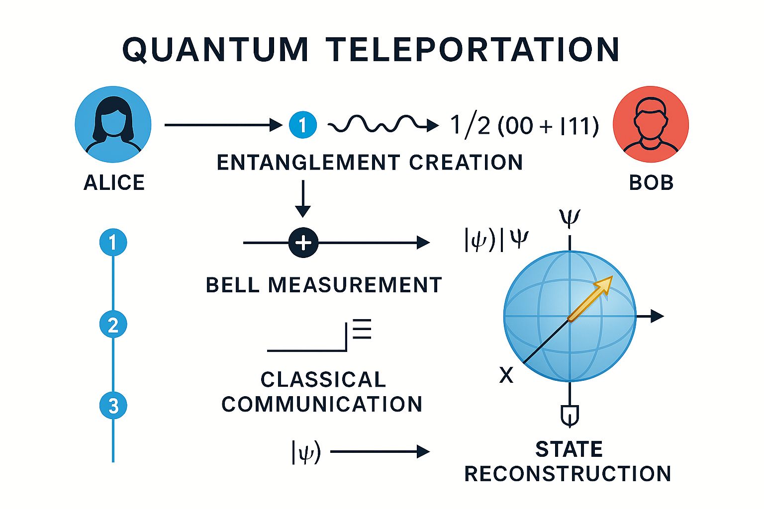 Quantum teleportation protocol diagram showing state transfer using entanglement