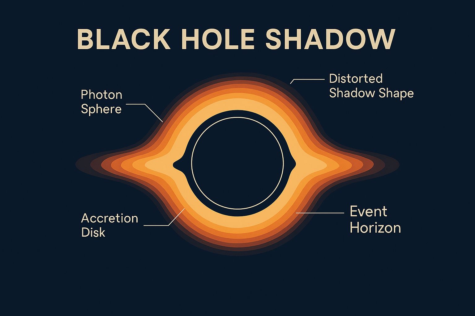 Scientific diagram explaining black hole shadow, photon ring, and event horizon